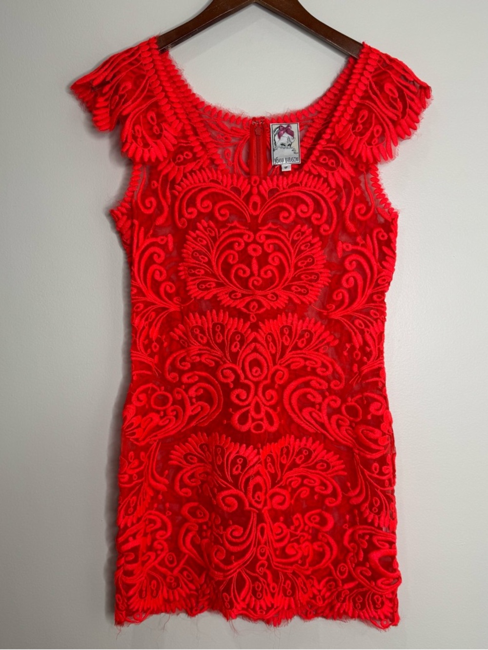 Yoana Baraschi Bright Orange Sheer Lace Mesh Cap Sleeve Mini Dress Size 6 Petite